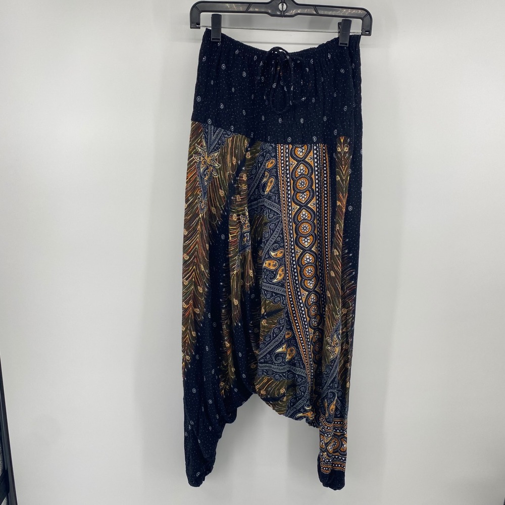 Banjamath Harem Pants Womens L Black Peacock Paisley Boho Drop Crotch Yoga Pants